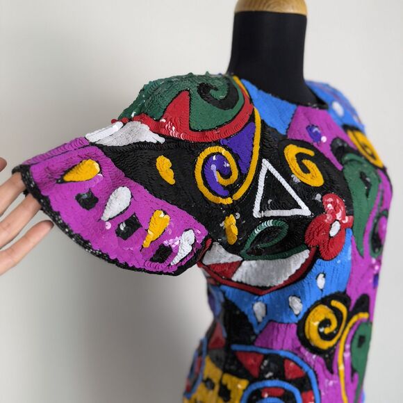 Vintage 80s Laurence Kazar Silk Beaded Sequin Dress | Abstract Geometric Sheath - Picture 6 of 14